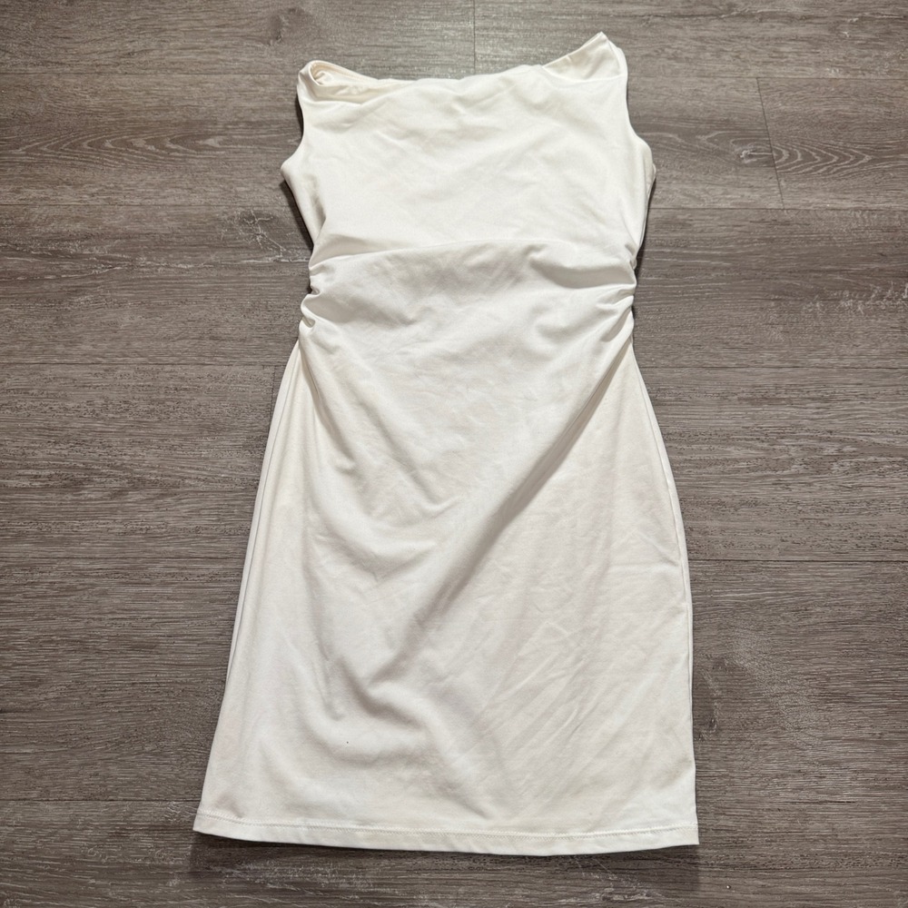 Trendy Queen Bodycon Dress Women XS Solid Ruched Cocktail Party Clubwear Sleek